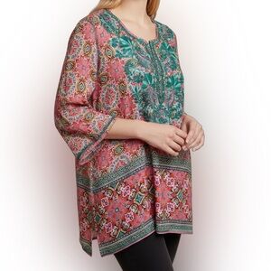 LOVE KYLA Boho Print‎ Tunic Top Silk Blend Embroidered Boho Hippie Peasant